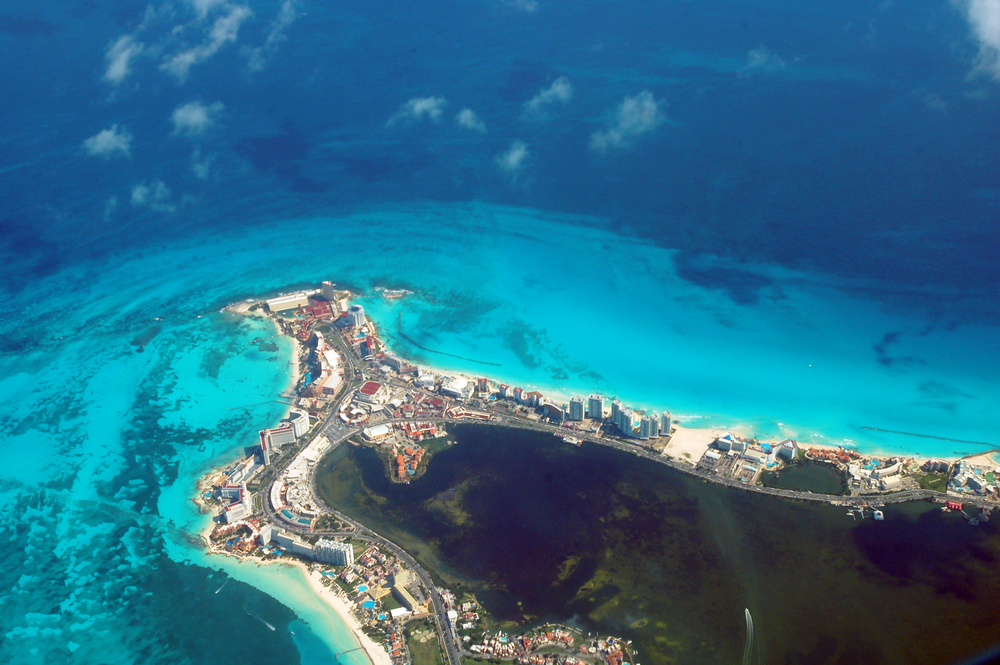 Aerial view of Cancun, Mexico in the Riviera Maya